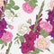Vector floral seamless pattern with vilet and purple gladiolus flowers, pink and white roses and peonies
