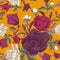 Vector floral seamless pattern with violet roses, purple tulips and apple blossom