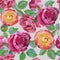 Vector floral seamless pattern with watercolor roses on beige background.