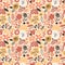 Vector floral seamless pattern white colors autumn. Flat flowers, petals, leaves with and doodle elements. Collage style