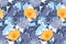 Vector floral seamless pattern. Yellow California poppies, blue and purple asters and chrysanthemums.