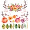 Vector floral set. Colorful purple floral collection with leaves, horns and flowers, drawing watercolor+colorful floral bouquet wi