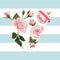 Vector floral triangle shape frame with pink roses on blue striped background