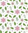 Vector flower seamless pattern. Floral doodle ornament. Repeated pink blossom and green leaves. Texture design for