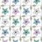 Vector Flowers in Blue Gray Pink Aqua in Green Leaves Grid on White Background Seamless Repeat Pattern. Background for
