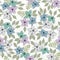 Vector Flowers in Blue Gray Pink Aqua Scattered with Green Leaves on White Background Seamless Repeat Pattern