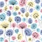 Vector flowers in colourful bobbles seamless pattern print background.