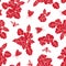 Vector Flowers Pansies Insects Red Silhouettes Scattered on White Background Seamless Repeat Pattern. Background for