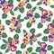 Vector Flowers Pansies in Pink Orange Yellow Purple with Green Leaves Scattered on White Background Seamless Repeat