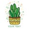 Vector flowers in pots are drawn in doodle style. Cactus outline isolated on a white background. Decorative illustration