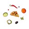 Vector flying food ingredients, pizza slice set