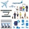 Vector flying passenger aircrafts, plane, check-in, pilot and stewardess