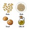 Vector food icons. Colored sketch of food products. Pasta, bread, olive oil.