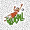 Vector football goalkeeper jumps to catch ball. Vintage sportsman motion on background of inscription and black white seamless pat