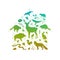 Vector forest animals set. Home for wild animal. Flat animals silhouettes in green colors. World Animal day. Wild planet