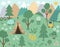 Vector forest scene with wigwam, fire, mountains. Spring or summer woodland scenery with trees and plants. Wild nature landscape