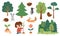Vector forest set with girl seeding plant, trees, animals, birds. Deforestation or ecological awareness collection. Cute planting