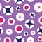 Vector four corner or six corner star and organic circle in white bubble on lila backround. Seamless pattern.