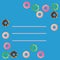 Vector frame of donuts on blue background. Flat style of chocolate, mint, strawberry and vanilla glazed donuts.