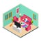 Vector freelance, remote work isometric concept. Woman work from home in living room