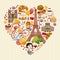 Vector french poster. Sightseeing of Paris and France. Romantic tourist card in vintage style.