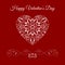 Vector Fretwork Floral Heart Over Red. Happy Valentines Day Holiday