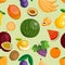 Vector fruits exotic apple, banana and papaya flat style illustration. Fresh fruity slices tropical dragonfruit or juicy