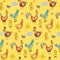 Vector fun chickens seamless pattern background with hand drawn farm birds.