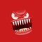 Vector funny angry red christmas monster face with open mouth with fangs and evil eyes isolated on red background