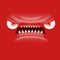 Vector funny angry red christmas monster face with open mouth with fangs and evil eyes isolated on red background