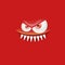Vector funny angry red christmas monster face with open mouth with fangs and evil eyes isolated on red background
