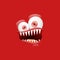 Vector funny angry red christmas monster face with open mouth with fangs and evil eyes isolated on red background