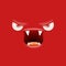 Vector funny angry red christmas monster face with open mouth with fangs and evil eyes isolated on red background