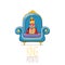 Vector funny cartoon cute brown smiling king potato with golden royal crown and red mantle or cape sitting on blue