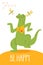 Vector funny cartoon hand drawn be happy card with dancing lizard.