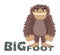 Vector funny cartoon sasquatch, yeti, bigfoot standing friendly smile. Caveman standing and smiling while standing on the letters.