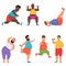 Vector funny chubby fat man characters set doing gym workout exercises. Sport fitness.