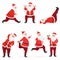 Vector funny and cute Santa Claus set does gym exercises with dumbbells and barbell isolated. Sport fitness santa.