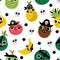 Vector funny kawaii fruit seamless pattern. Pirate fruits repeating background. Comic digital paper with plants with eyes, pirate