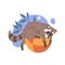 Vector funny racoon lies on a big ball against of stylized floral branch, hand drawn cartoon isolated illustration