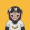 Vector Funny Smiling Chimpanzee Ape with Sunglasses and Banana on His T-shirt on Yellow Background. Happy Monkey for