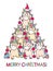 Vector funny unicorns holding baubles. Unicorns Christmas tree. Merry Christmas card