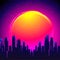 Vector futuristic synth wave illustration. 80s Retro poster Background with Night City Skyline. Rave party Flyer design template