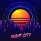 Vector futuristic synth wave illustration. 80s Retro poster Background with Night City Skyline. Rave party Flyer design template