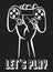 Vector gamer logo. Illustration of a joystick in the hand with an inscription Let`s Play. Image of the gamepad on the black