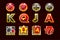 Vector Gaming icons of card symbols for slot machines and a lottery or casino in black-red colors. Game casino, slot, UI