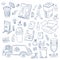 Vector garbage doodle elements set. Waste recycling objects. Trash can types, plastic, bottles, garbage truck, janitor