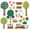 Vector garden fruit trees and harvest collection. Vegetables and fruit icons set. Wooden boxes with harvest. Farm country pack