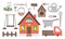 Vector garden icons set. Collection of gardening equipment, tools, country house, car. Flat spring illustration of spade, shovel,