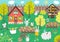 Vector garden scene with cute animals. Spring scenery with funny bunny, cottage, sheep, mouse, chicks gardening. Cute Easter